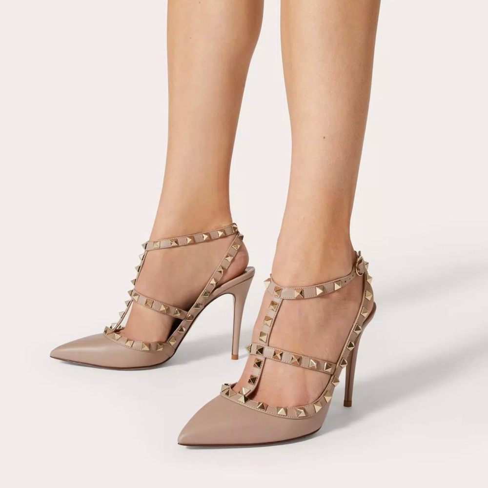 Valentino 37 Rockstud Ankle Strap Pump 100mm Patent Leather Poudre Beige Nude